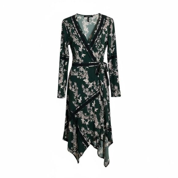 BCBGMaxazria Isabella Asymmetrical Floral Wrap Dress Green Black Size Small - Picture 1 of 7